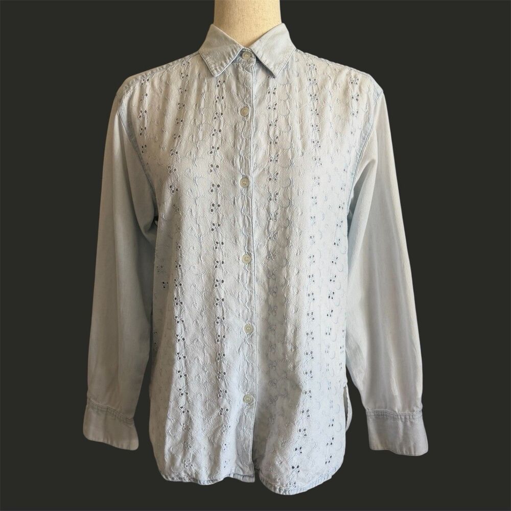 Clifford Wills Vtg Eyelet Denim Top Womens XS Western Shirt Cottagecore Country
